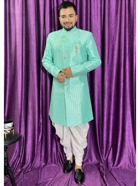 Turquoise Embroidered Indo Western Sherwani Set