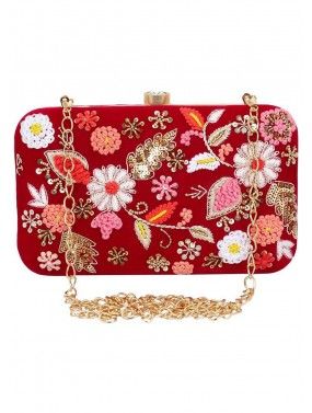 Red Floral Embroidered Silk Clutch With Chain Strap