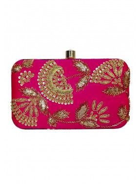 Pink Embroidered Frame Box Clutch With Chain Strap