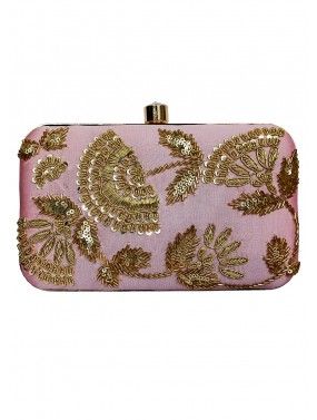 Embroidered Pink Silk Clutch With Chain Strap