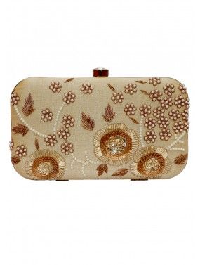 Floral Embroidered Beige Silk Clutch With Chain Strap