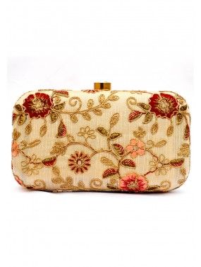 Cream Floral Embroidered Clutch With Chain Strap
