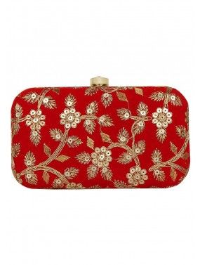 Floral Embroidered Red Velvet Frame Box Clutch