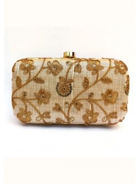 Floral Embroidered Golden Clutch With Chain Strap