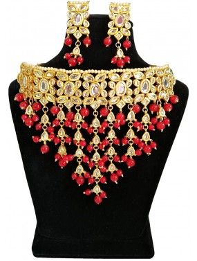 Beaded Choker Necklace Set in Golden Red