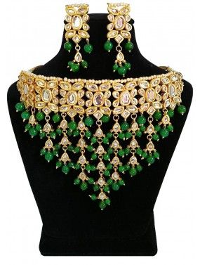 Beaded Choker Necklace Set in Golden Green