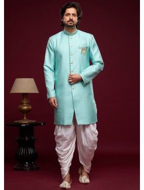 Turquoise Readymade Men's Indo Western Sherwani & Dhoti In Jacquard