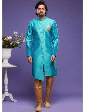 Turquoise Woven Asymmetric Indo Western Sherwani
