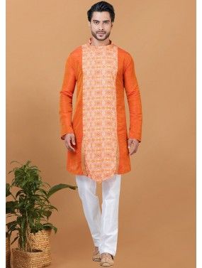 Orange Dupion Silk Kurta Pajama In Digital Print