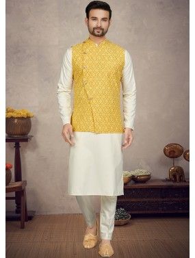 Cream Cotton Kurta Pajama & Printed Nehru Jacket