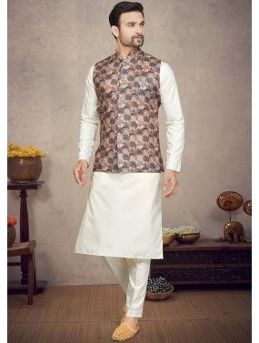 Cream Kurta Pajama With Printed Nehru Jacket
