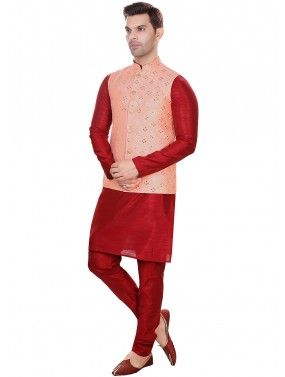Red Kurta Pajama With Embroidered Nehru Jacket