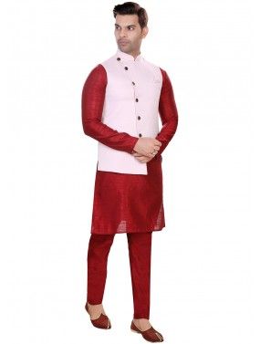 Red Kurta Pajama With Woven Nehru Jacket