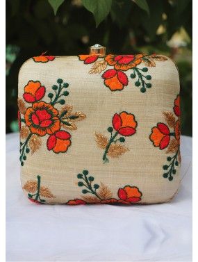 Floral Embroidered Beige Square Box Clutch
