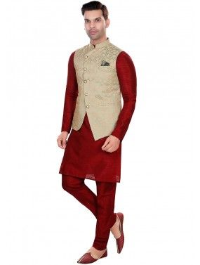 Red Readymade Jacquard Kurta Pajama In Nehru Jacket Style