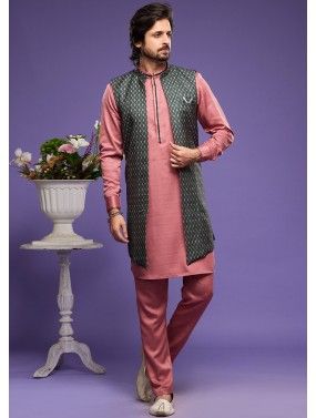 Pink Readymade Art Silk Kurta Pajama & Long Jacket In Print