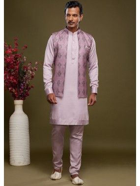 Pink Readymade Art Silk Kurta Pajama & Nehru Jacket 