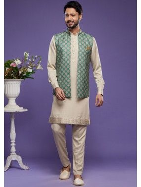 Beige Readymade Art Silk Printed Nehru Jacket & Kurta Pajama 