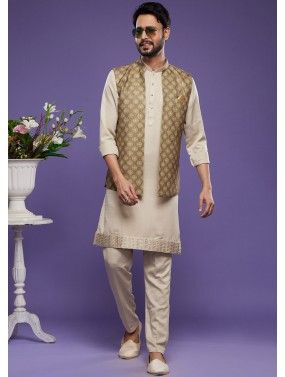 Beige Readymade Printed Art Silk Kurta Pajama In Nehru Jacket Style