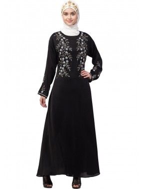 Black Readymade Beads Embroidered Abaya
