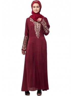 Maroon Readymade Embroidered Abaya In Nida