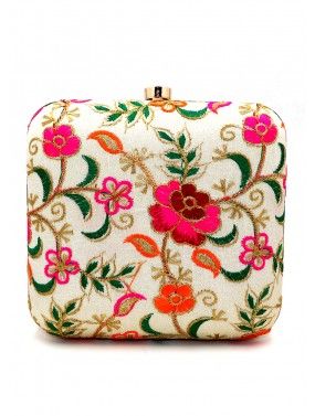 Floral Embroidered Off White Art Silk Clutch