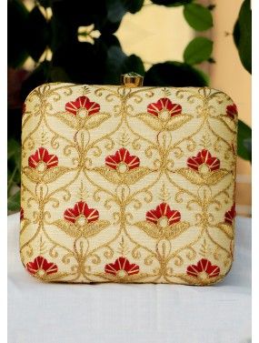 Embroidered Art Silk Golden Square Clutch