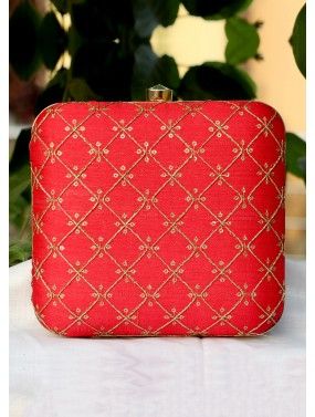 Embroidered Art Silk Red Square Box Clutch