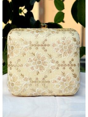 Cream Floral Embroidered Art Silk Square Clutch