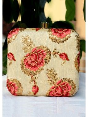 Floral Embroidered Golden Art Silk Square Clutch