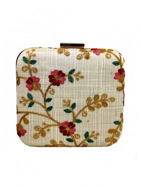 Floral Embroidered Art Silk Cream Square Clutch