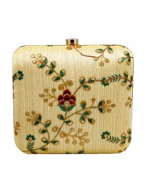 Floral Embroidered Golden Square Clutch