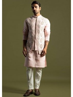 Pink Embroidered Kurta Pant & Nehru Jacket
