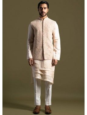 Peach Layered Kurta Pant & Embroidered Nehru Jacket