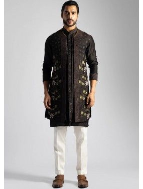 Brown Kurta Pant & Embroidered Long Jacket