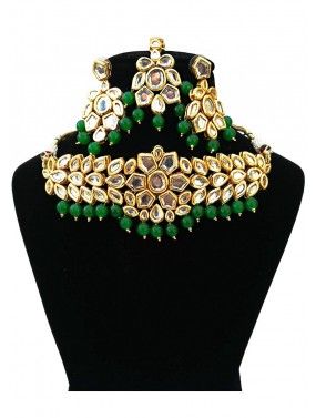 Green Golden Stone Studded Kundan Choker Necklace Set
