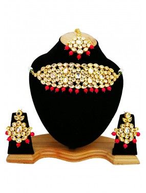 Red Golden Stone Studded Kundan Choker Set