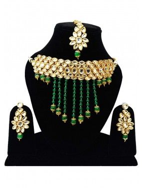 Golden Green Stone Studded Kundan Choker Set