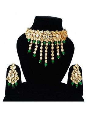 Golden Green Pearl And Kundan Choker Set