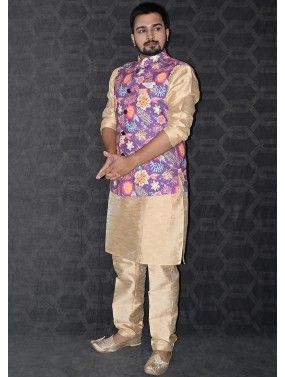 Readymade Golden Kurta Pant & Printed Nehru Jacket