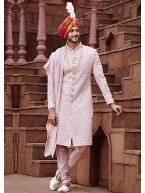 Pink Thread Embroidered Sherwani & Stole
