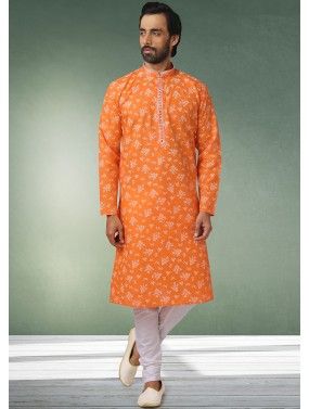 Orange Mens Floral Printed Kurta Pajama