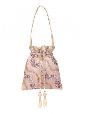 Pink Embroidered Potli Bag In Silk