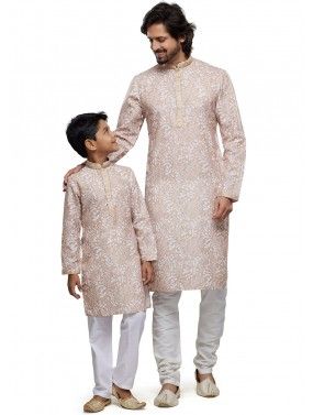 Beige Father & Son Digital Printed Cotton Kurta Pajama