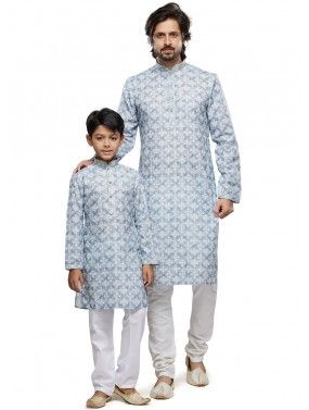 Grey Father & Son Cotton Digital Printed Kurta Pajama 