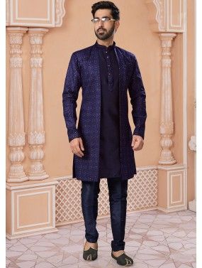 Readymade Embroidered Mens Jacket Style Sherwani In Purple