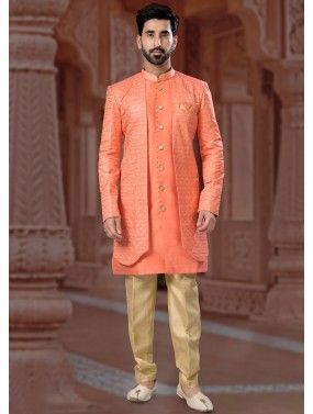 Orange Readymade Embroidered Art Silk Sherwani In Jacket Style