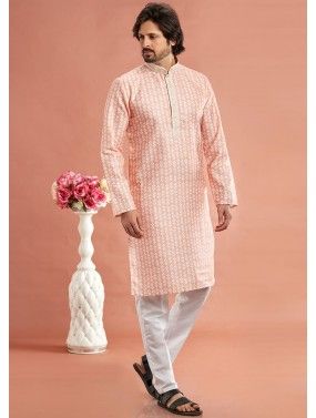 Peach Digital printed Men's Kurta Pajama