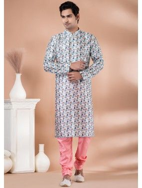 Readymade Digital Printed Cotton Mens Kurta Pajama In Multicolor