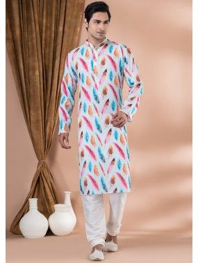 Multicolor Readymade Art Silk Mens Kurta Pajama In Digital Print